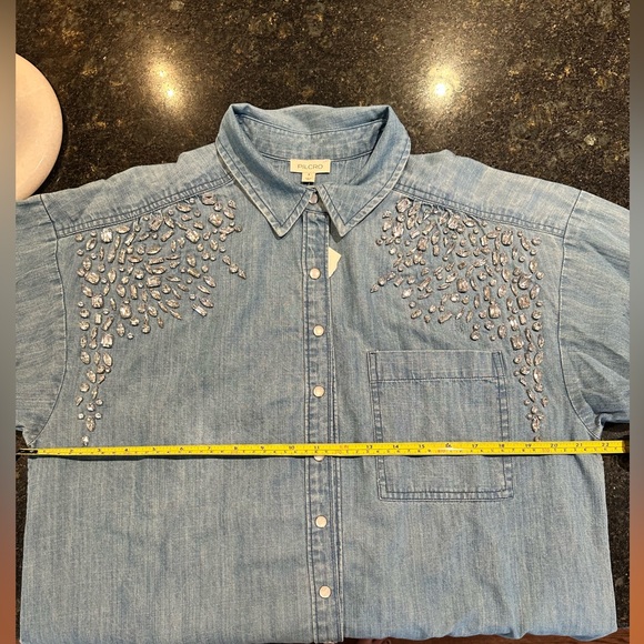 Anthro Embellished Denim Shirt - Picture 5 of 6